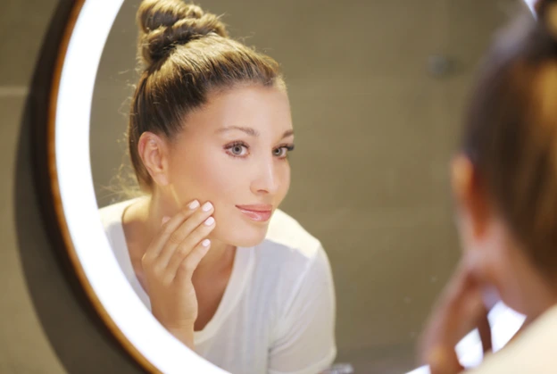 Young woman examining her skin in a lit mirror.