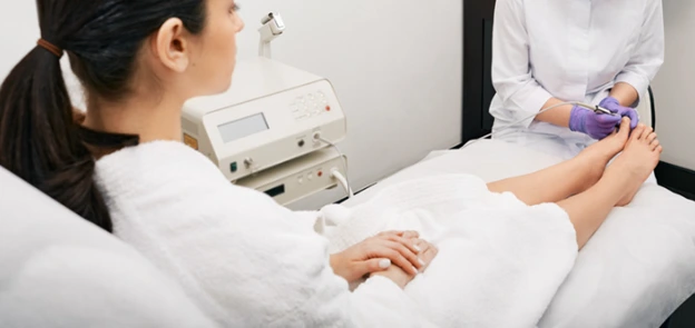 Patient receiving professional nail care treatment for onychomycosis in a clinical setting.